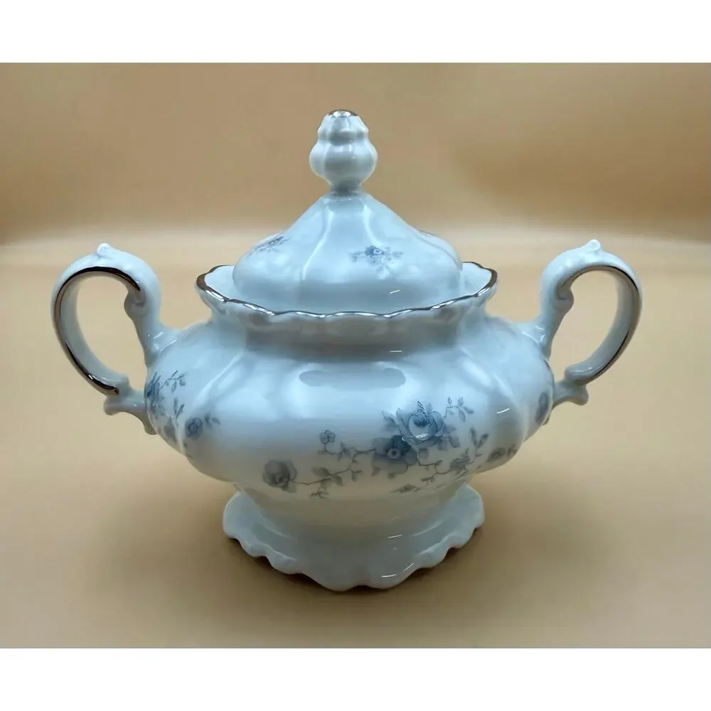 Johann Haviland Bavaria Blue Garland Covered Sugar Bowl Platinum Trim Germany